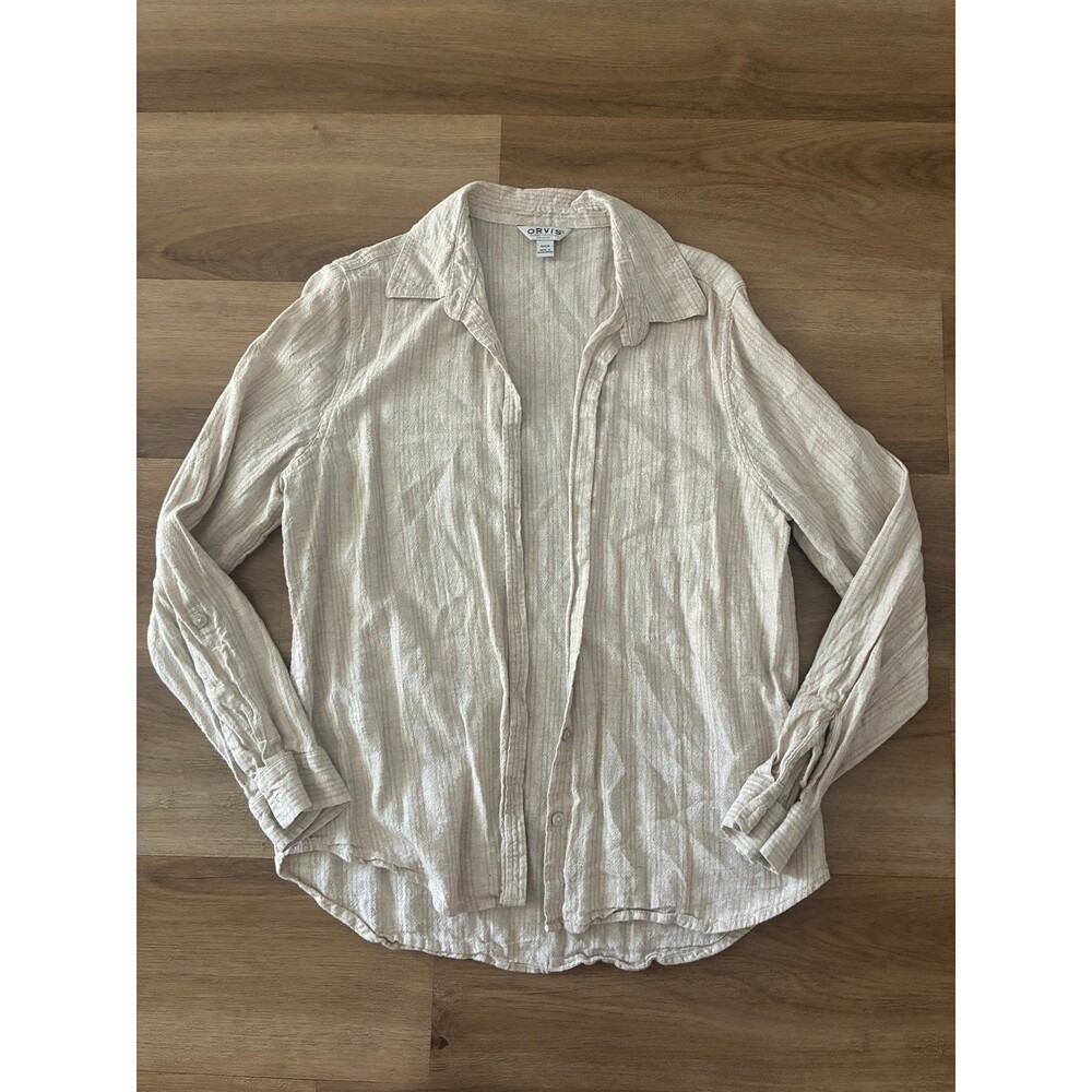 Orvis Linen Blend Button Up Shirt Women’s Small Beige Long Sleeve Collared Top